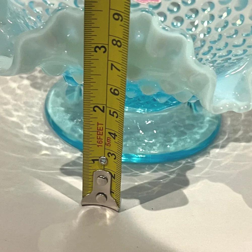 Fenton Aqua Opalescent Hobnail Ruffled Candle Holder Pedestal‎ 1950s MCM